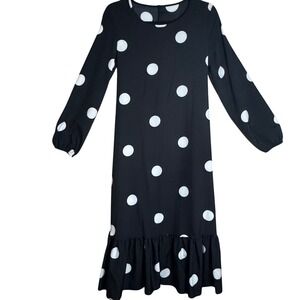 NWOT Women Polka Dot Long Sleeve‎ Midi Dress Black Medium Ruffle Hem Long Sleeve
